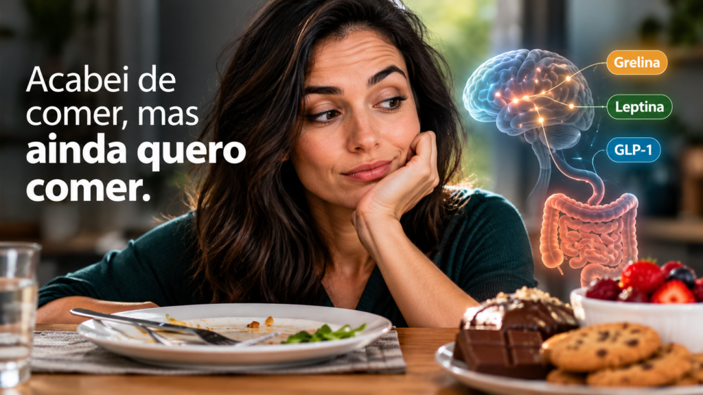 Mulher que acabou de comer e ainda sente vontade de comer, ilustrando a relação entre fome, saciedade, cérebro e hormônios