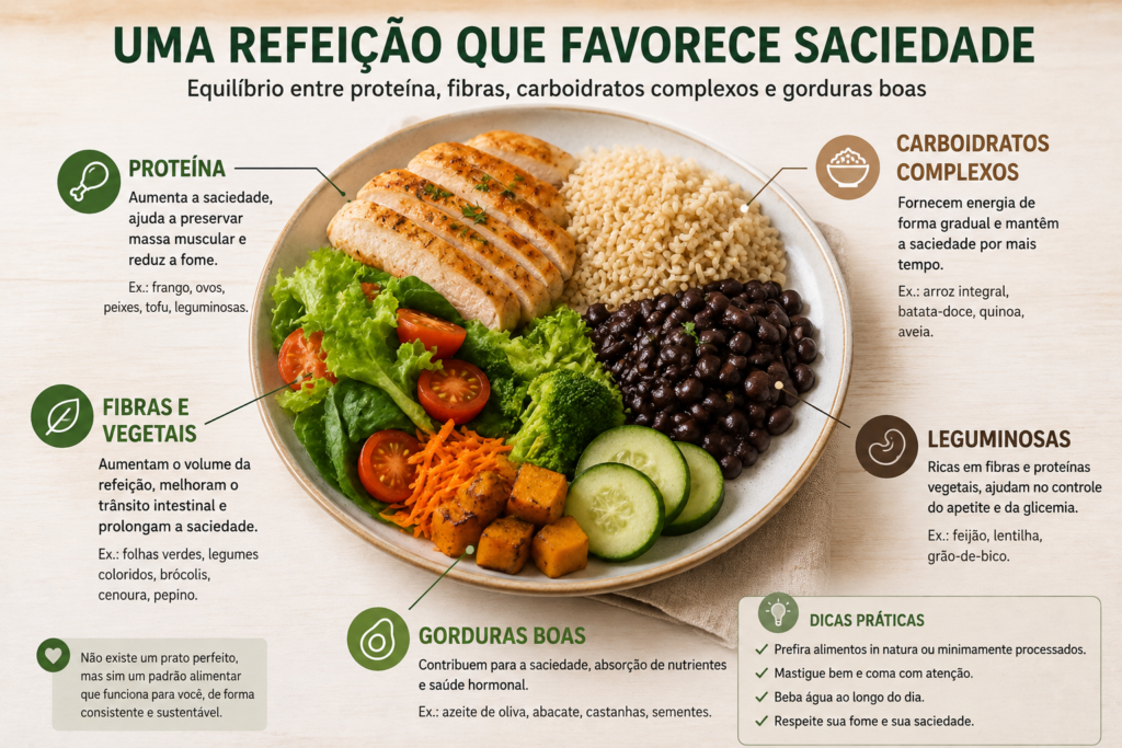 Refeição equilibrada com frango, arroz, feijão, vegetais e fontes de fibras e gorduras, ilustrando uma composição alimentar que pode favorecer a saciedade.